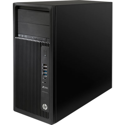  Front view of the HP Z240 Tower Workstation, angled slightly to the left  