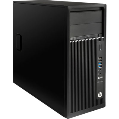  Front view of the HP Z240 Tower Workstation, angled slightly to the right  