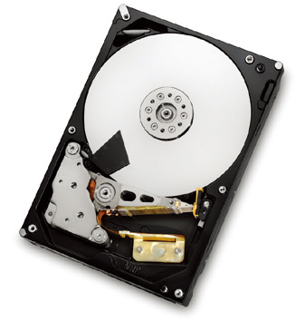   Internal view of this HDD, showing platter, motor, recording head, recording arm, and more 