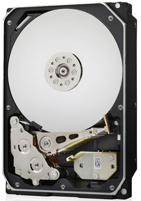  Internal view of the HDD, showing platter, motor, recording heading, recording arm, and more  
