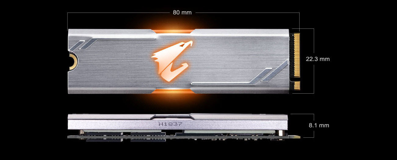 Dimensions for the front of and side profiles of the AORUS M.2 SSD