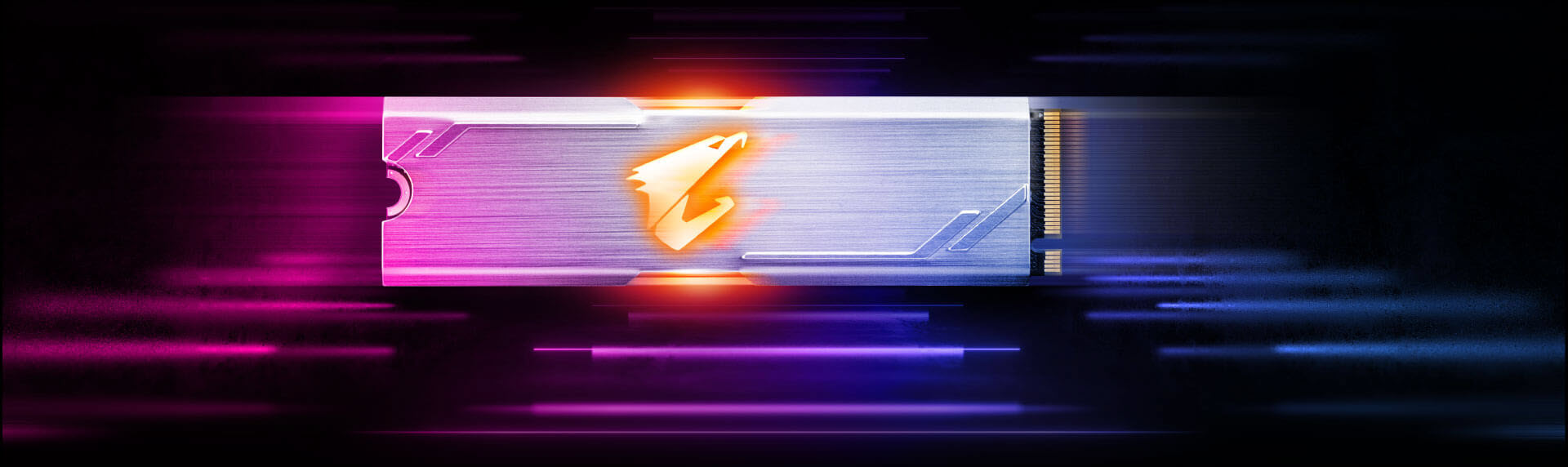 GIGABYTE AORUS M.2 SSD Facing Forward with Pink, Purple and Blue Neon Lines