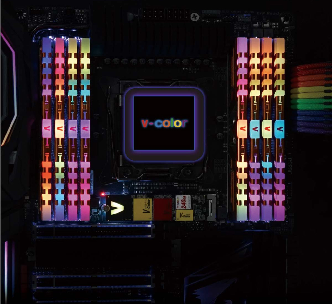 8 memory modules installed on a motherboard, 4 on each side of the CPU chipset. They are all lit up in neon RGB
