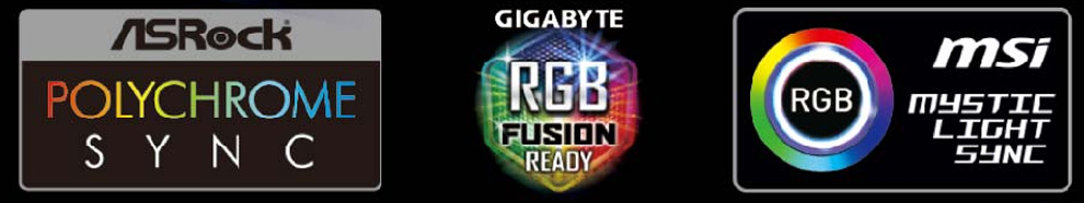 Logos for ASRock POLYCHROME SYNC, GIGABYTE RGB FUSION READY and MSI MYSTIC LIGHT SYNC