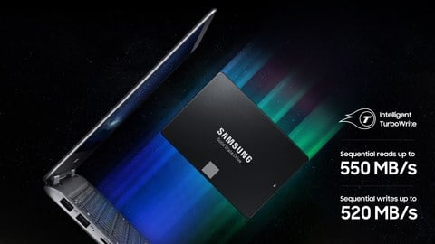 Intelligent TurboWrite banner showing the Samsung SSD floaing above an open laptop. There is text that reads: Sequential reads up to 550MB/s - Sequential writes up to 520 MB/s