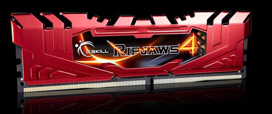 Red G.SKILL Ripjaws 4 Memory Stick Angled to the Right Slightly