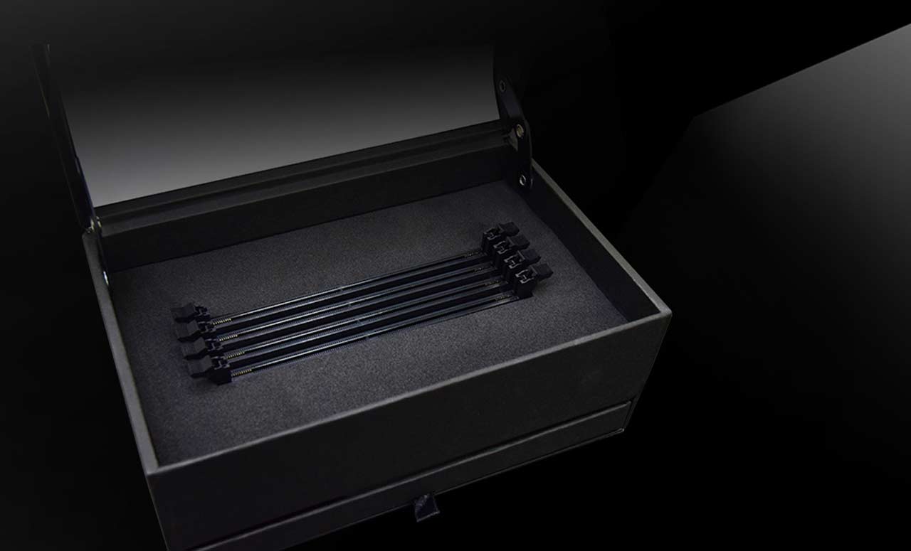 overhead view of the G.SKILL TridentZ box open showing 4 empty RAM slots