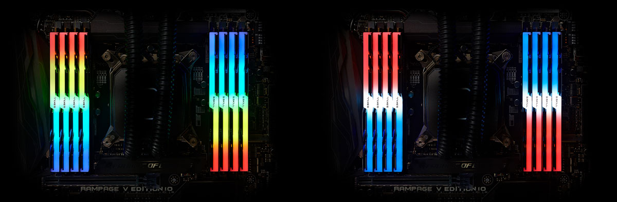  Top view of 16 TridentZ RGB modules, installed on two eight-DIMM motherboard, glowing gorgeous lighting  