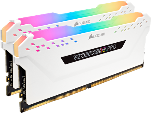 Two White CORSAIR Vengeance RGB Pro Series Desktop Memory Sticks Angled Down to the Right