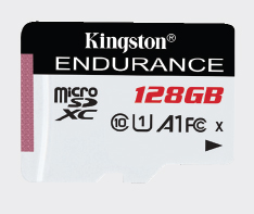 Kingston Endurance microSDXC 128GB card facing forward