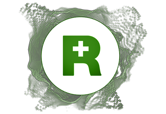 a white circle with a green R letter inside
