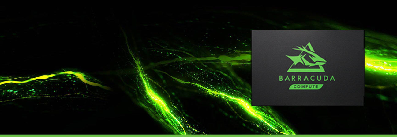Seagate BarraCuda 120 solid-state drive in a green background