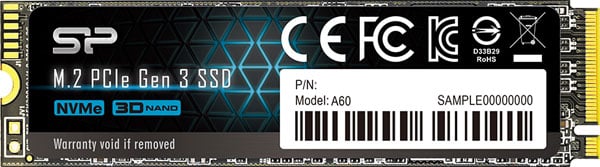   Front of the Silicon Power P34A60 SSD, with a label containing model# and certification logos 