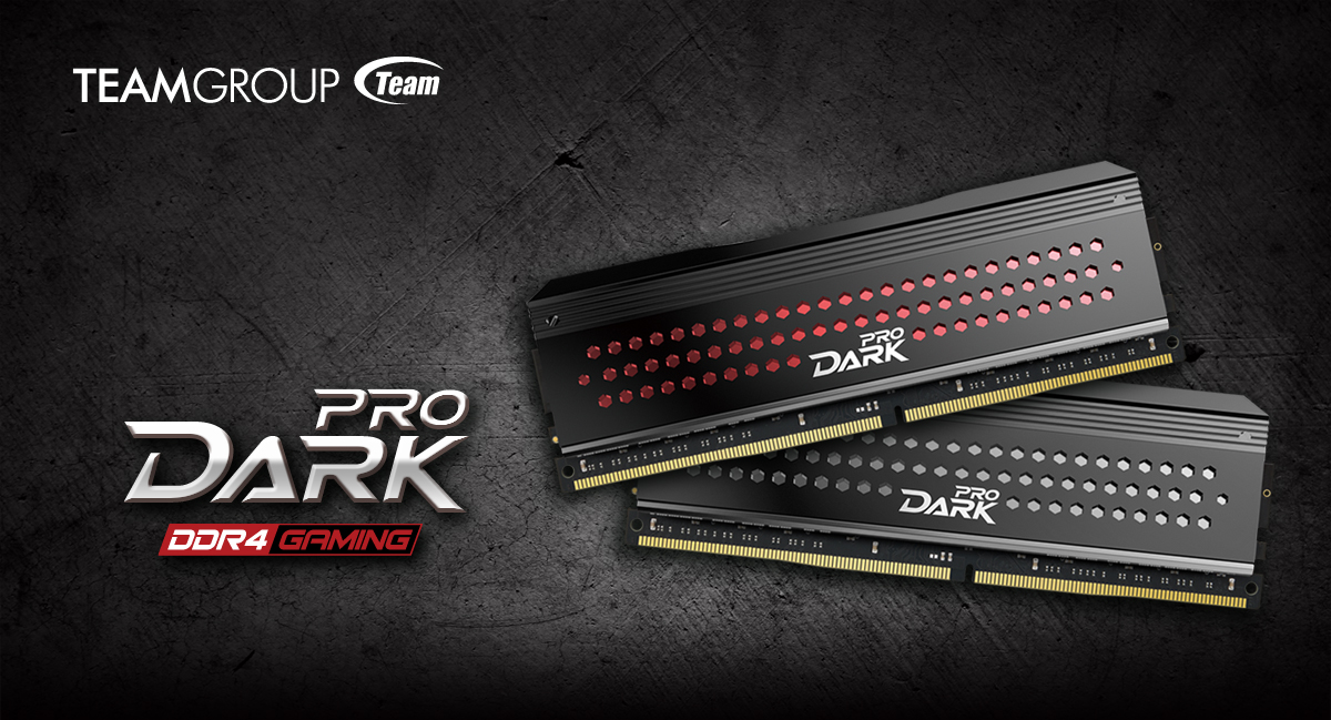 Teamgroup DARK PRO Gray and Red Memory Modules Along with the TeamGroup Logo and PRO DARK DDR4 GAMING Graphic Text