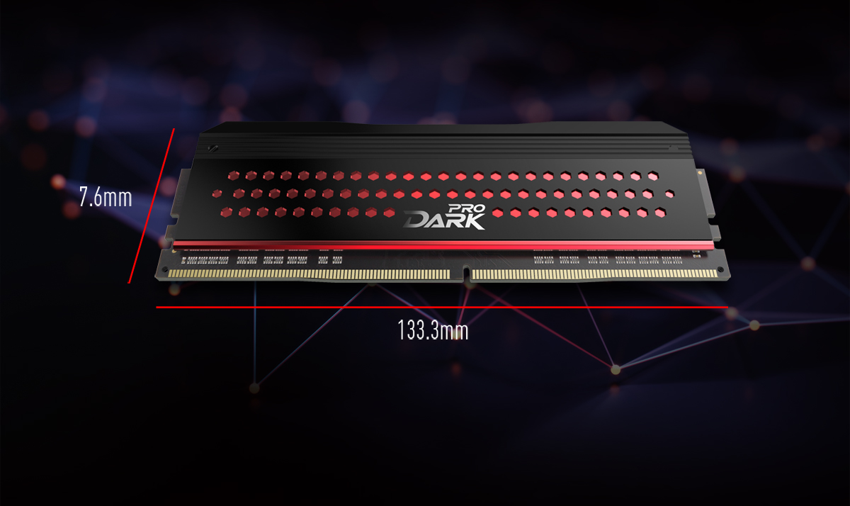Red Teamgroup DARK PRO Memory Module Facing Forward, Angled Up Slightly with Graphics and Text Indicating: 7.6mm Height and 133.3mm Length