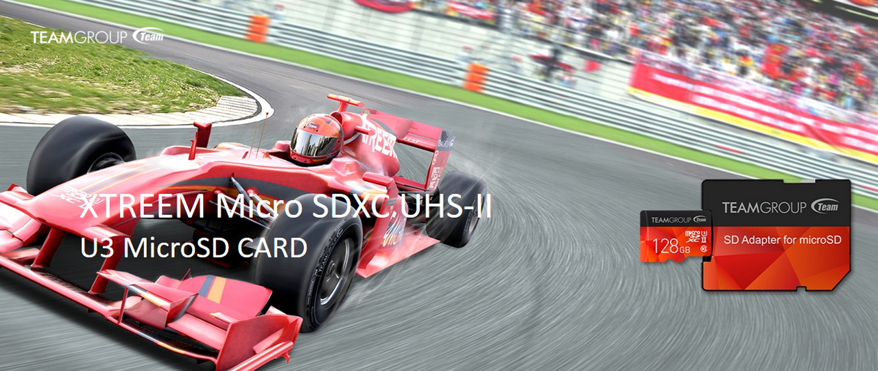 TeamGroup Banner showing a race car zooming through a track, the 128GB microSD and its included SD adapter. Text on the banner reads: XTREEM Micro SDXC UHS-II U3 MicroSD CARD