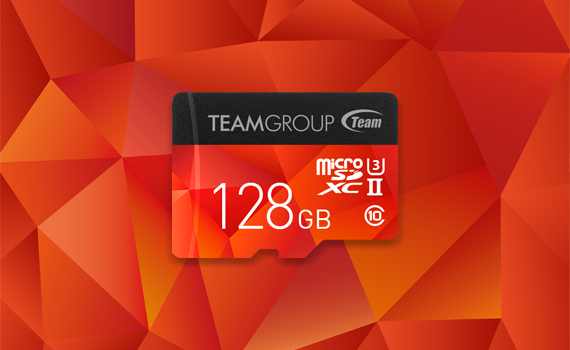 TeamGroup 128GB microSD card with a red-graphic background
