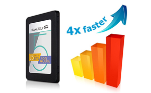Team Group L5 LITE SSD angled to the left and a performance graphic showing this SSD is 4 times faster