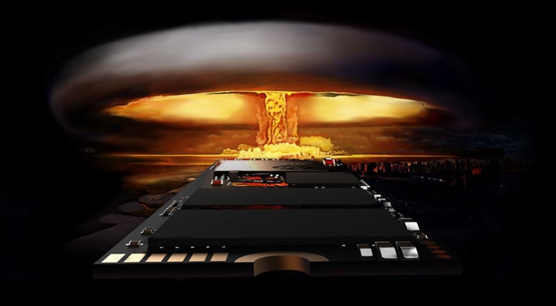  Closeup of the chip on the SSD, with a nuke explosion in the background  