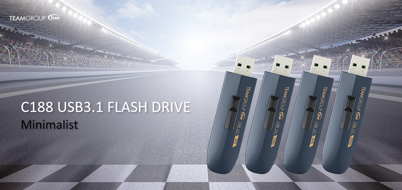 TeamGroup banner with four C188 USB 3.1 flash drives at the finish line of a race track