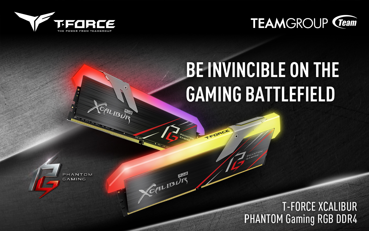 TEAM GROUP T-FORCE XCALIBUR Phantom Desktop Memory in red and purple + red and yellow lighting wit the T-FORCE, PHANTOM GAMING and TEAM GROUP logos, along with text that reads: BE INVINCIBLE ON THE BATTLEFIELD