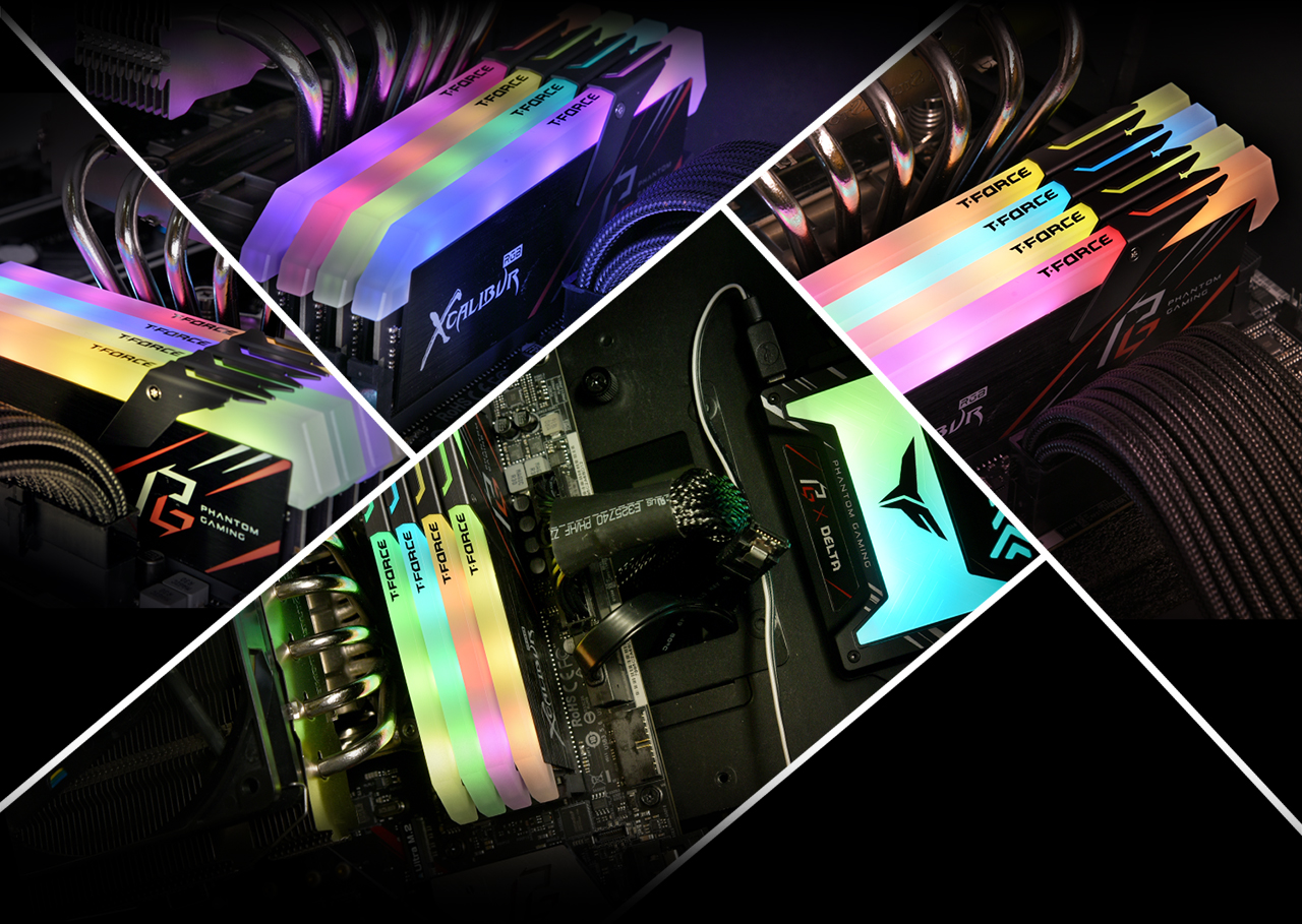 Four different shots of the Team Group XCALIBUR Phantom Desktop Memory installed on high-end motherboards