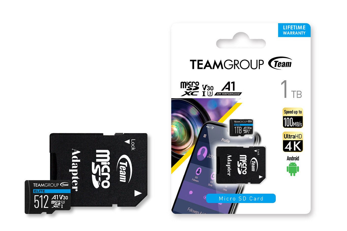 Team Group 512GB Elite microSDXC UHS-I U3, V30, A1, 4K UHD Micro Card with  SD Ad
