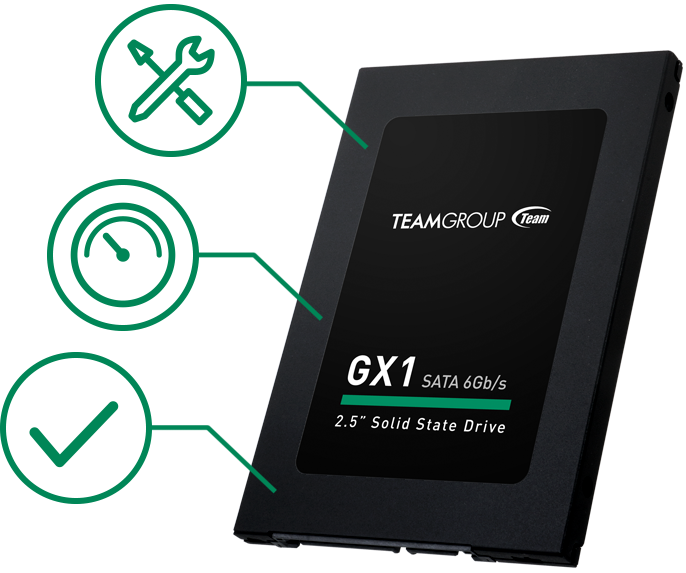 Team Group GX1 SSD angled up to the left with green icons of a checkmark, speedometer and wrench over a flathead screwdriver