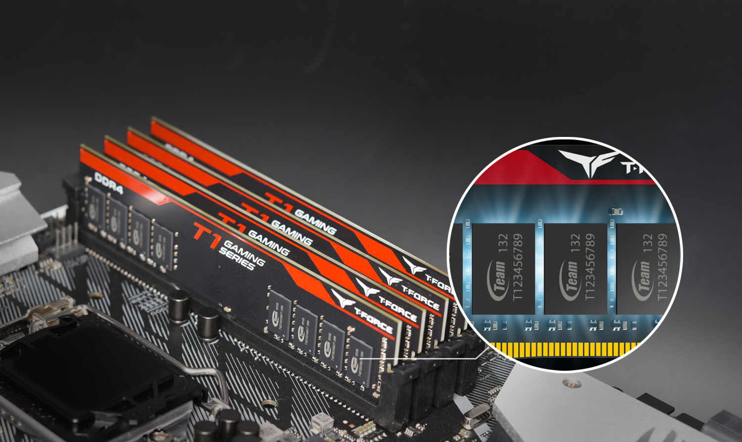 Team Group T1 Gaming Series Memory Installed on a Motherboard with a hotspot showing a closeup of the IC chips