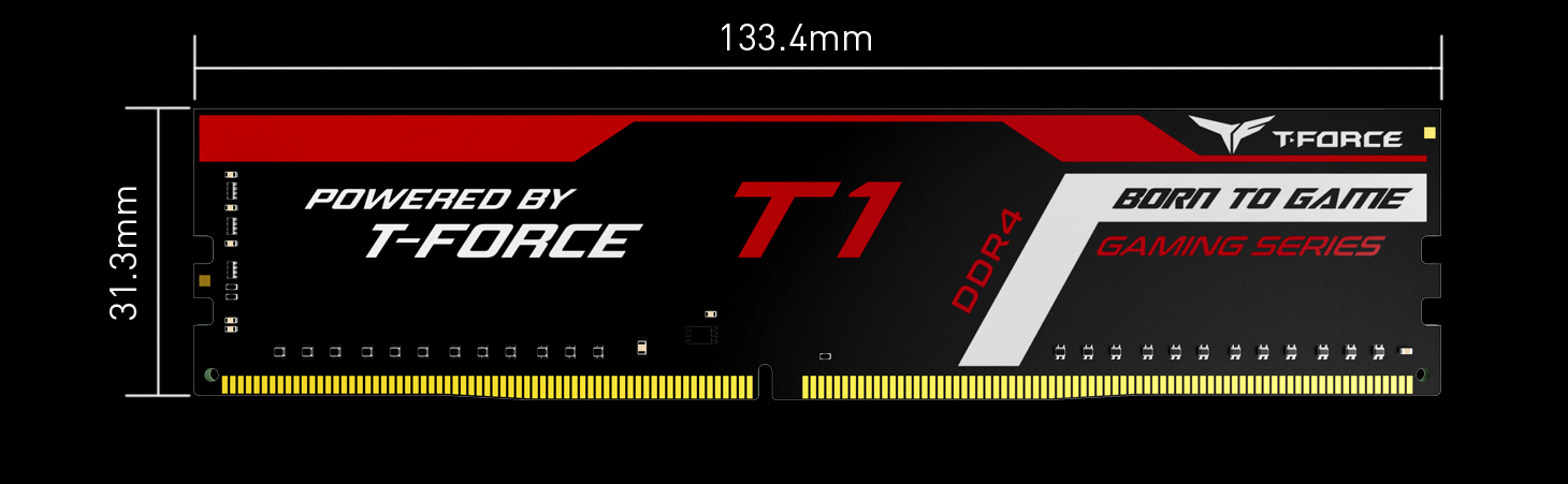 Team Group T1 T-Force DDR4 Memory Stick with graphics and text indicating 31.3mm height and 133.4mm width