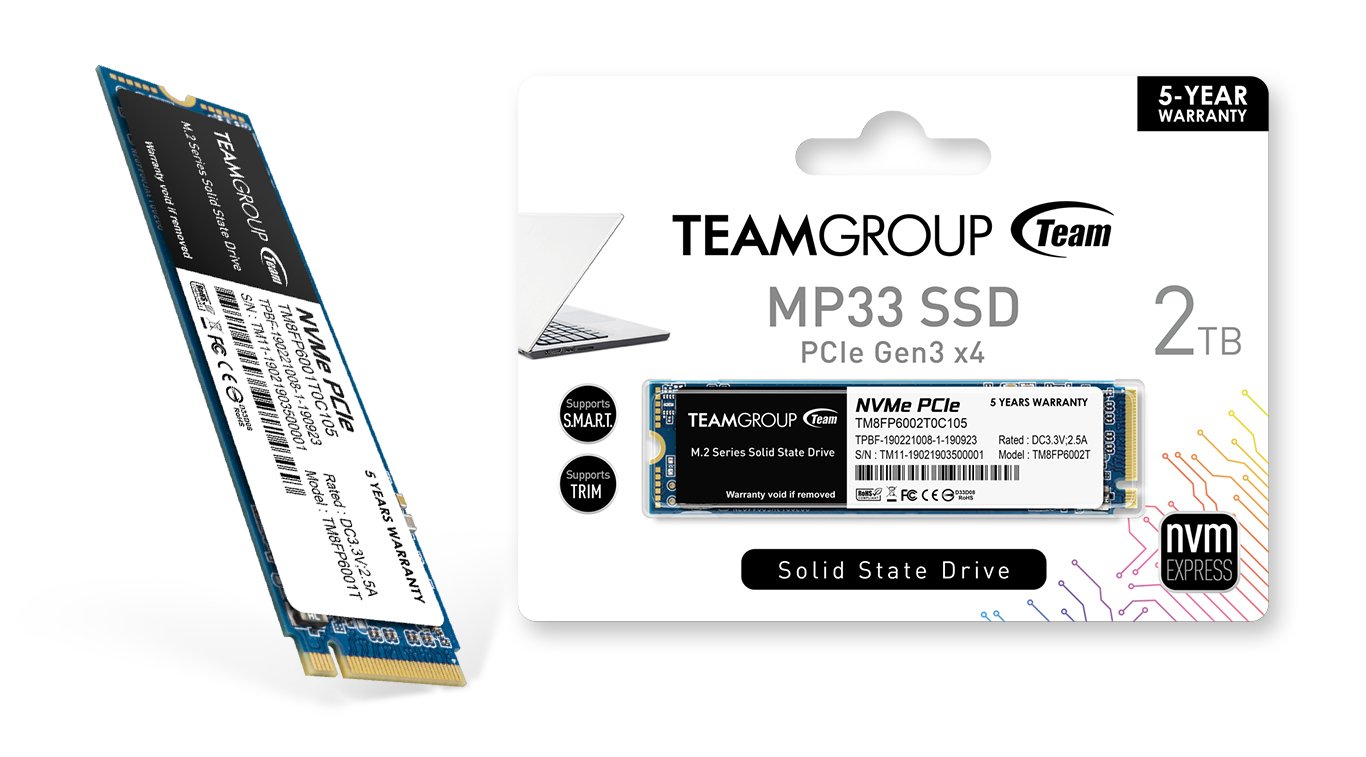 Teamgroup MP33 M.2 PCle SSD side view and package