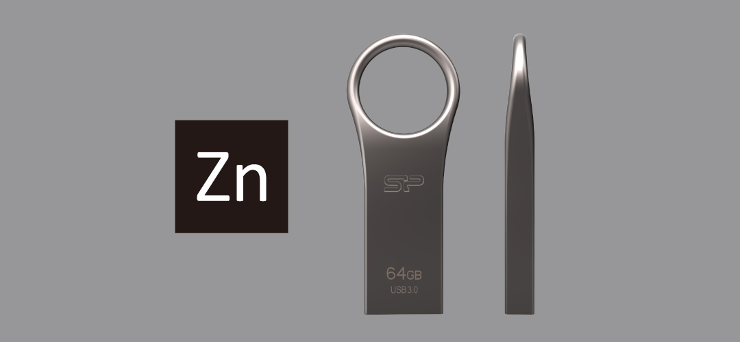 Zinc Periodic Table Element with the Silicon Power 64GB USB Drive in a front-facing position and side-profile shot
