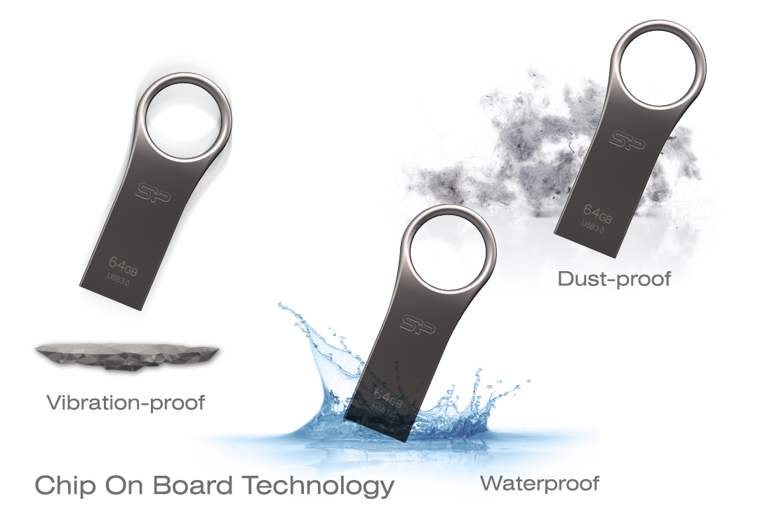 Banner showing how the thumb drive is vibration-proof, dust-proof, waterproof and has chip on-board technology