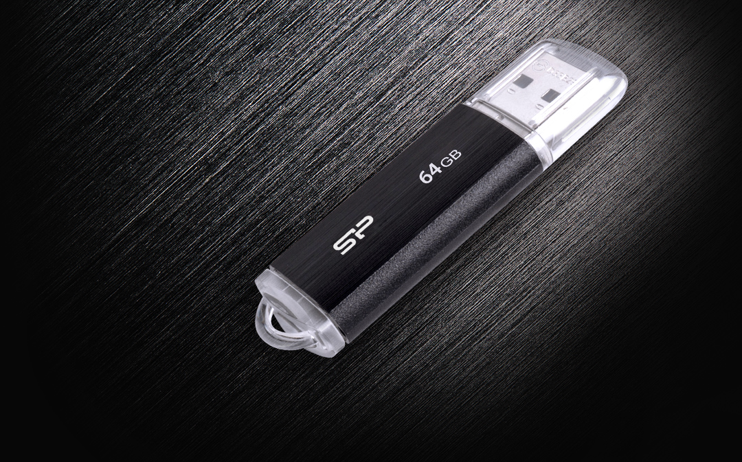 Black Silicon Power 64GB USB Drive Angled Up to the Right