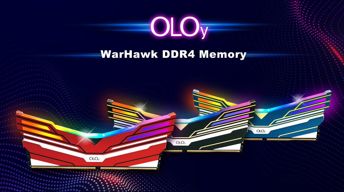 OLOy Logo and Three OLOy WarHawk RGB Memory Sticks Facing Forward in Red, Black and Blue