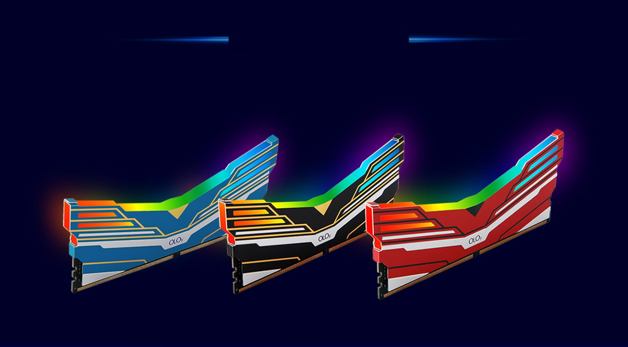 Side Angled view of the three OLOy WarHawk RGB Memory Sticks, red, black and blue