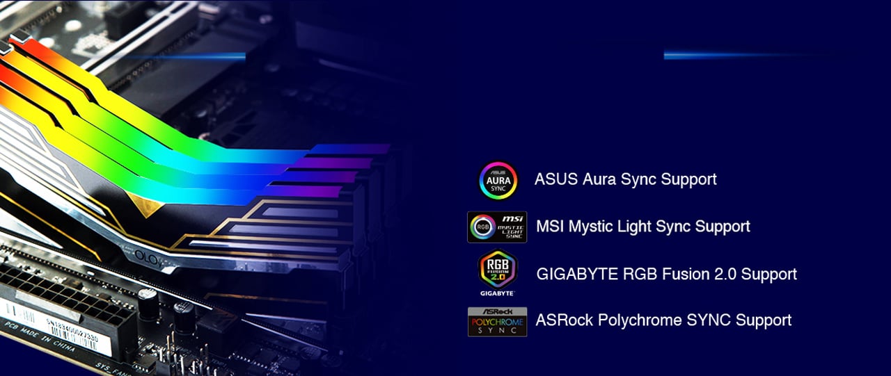 Side View of Four OLOy WarHawk RGB Memory Sticks Installed on a Motherboard, Along with Badges for ASUS Aura Sync, MSI Mystic Light, GIGABYTE RGB Fusion 2.0 and ASRock Polychrome SYNC Support RGB Sync
