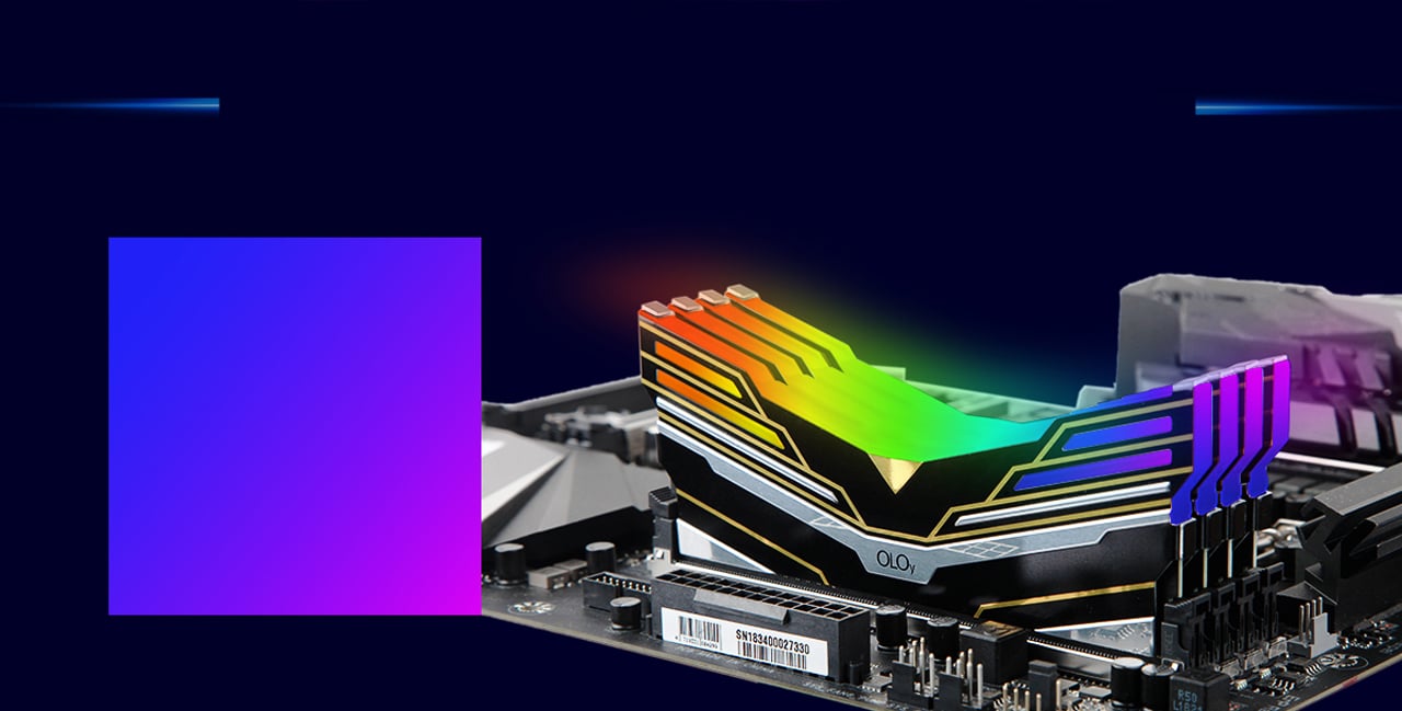 Side View of Four OLOy WarHawk RGB Memory Sticks Installed on a Motherboard