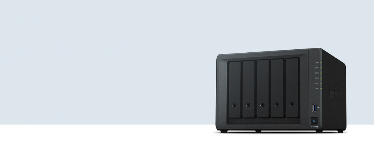 DiskStation DS1019+ facing slightly to the left with a gray background