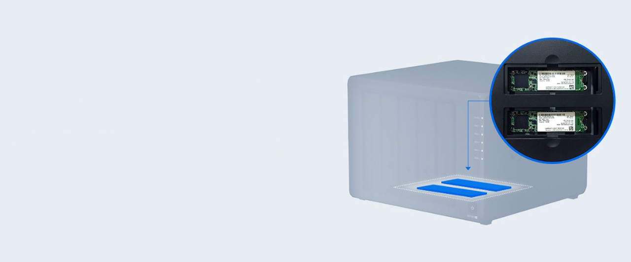 Transparent Graphic of the DiskStation DS1019+ pointing out where the two memory sticks are installed