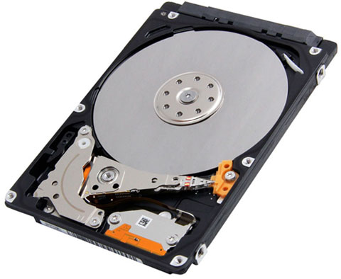  Internal view of the HDD, showing platter, motor, recording head, recording arm, load/unload ramp, and more  