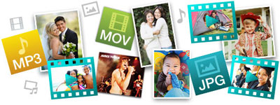  An array of photos, with logos of MP3, MOV and JPG  