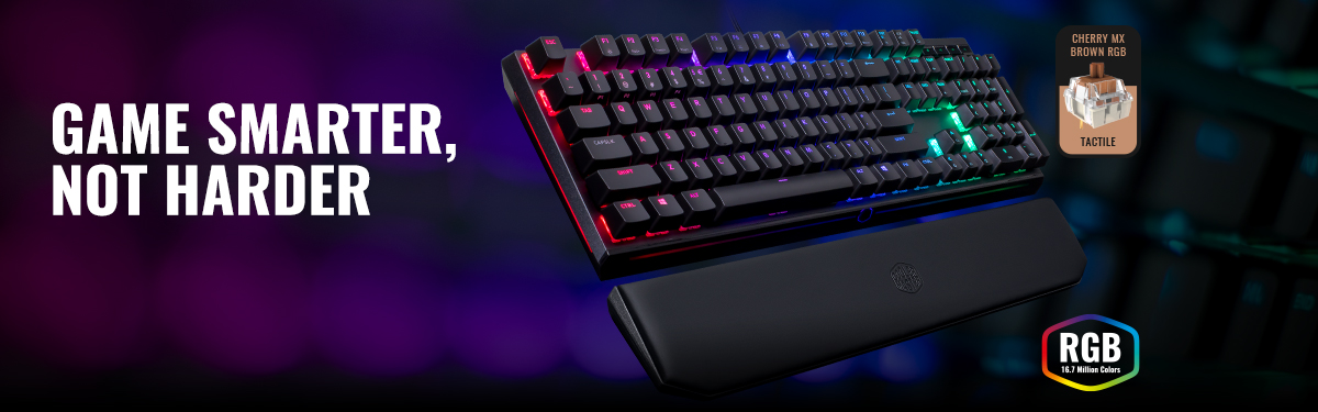 Cooler Master MK750 Keyboard and Wrist Rest Angled Up to the Right Next to Badges for RGB and Cherry MX Brown Switches, and text that reads: GAME SMARTER, NOT HARDER