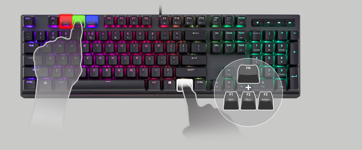 Cooler Master MK750 Keyboard with Transparent Hands Using the Function Keys