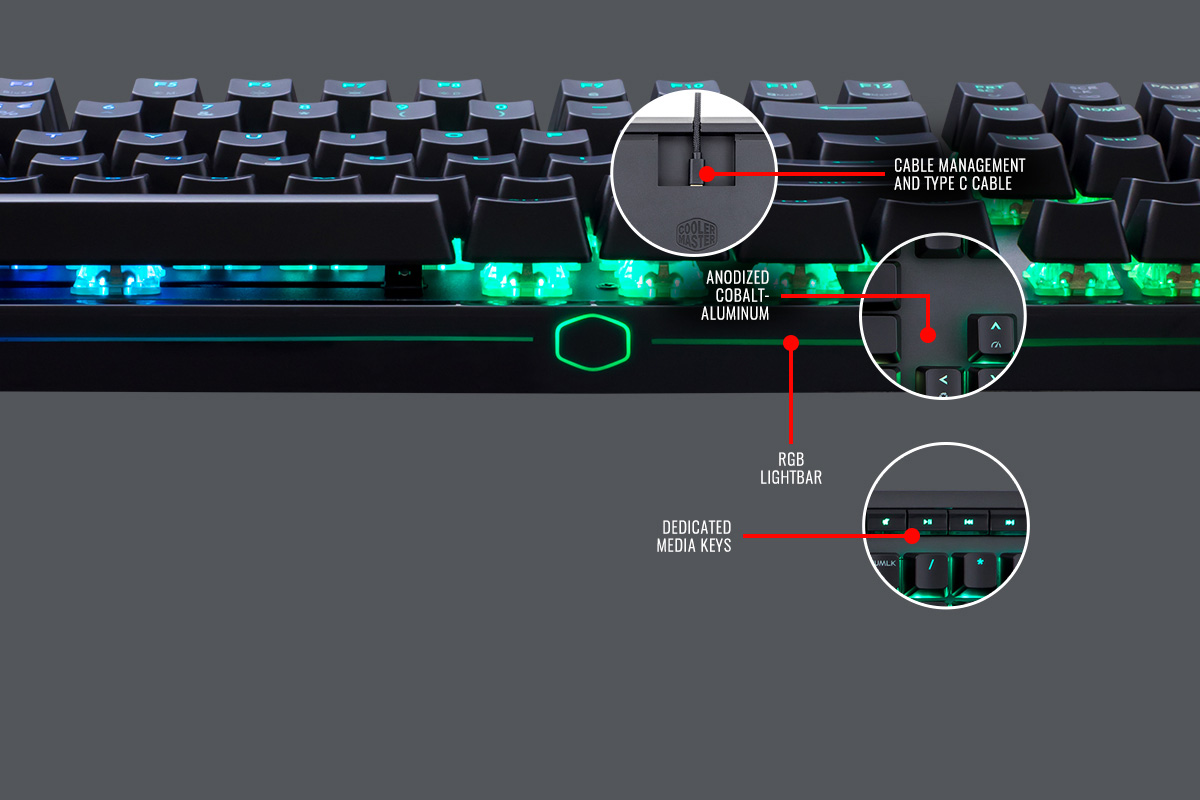 Cooler Master MK750 Keyboard Front Facing Up Profile with Hotspots Showing Closeups of: Cable Management and Type-C Cable, Anodized Cobalt-Aluminum, RGB Lightbar and Dedicated Media Keys