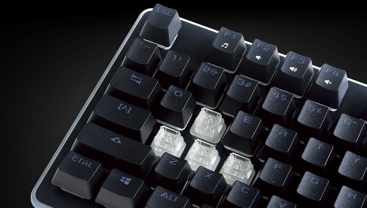 Closeup of the ROSEWILL NEON K51 Hybrid Mechanical RGB Gaming Keyboard's Keys with W, A, S and D removed