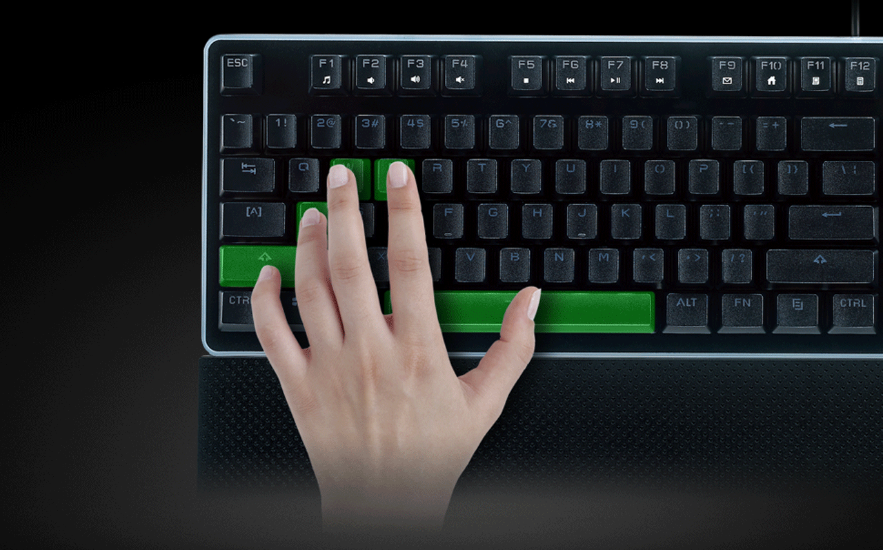 A Left Hand on the ROSEWILL NEON K51 Hybrid Mechanical RGB Gaming Keyboard with a Thumb on the Space Bar, Pinky on the Shift Key, Ring Finger on the A key, Middle on the W and index on the E