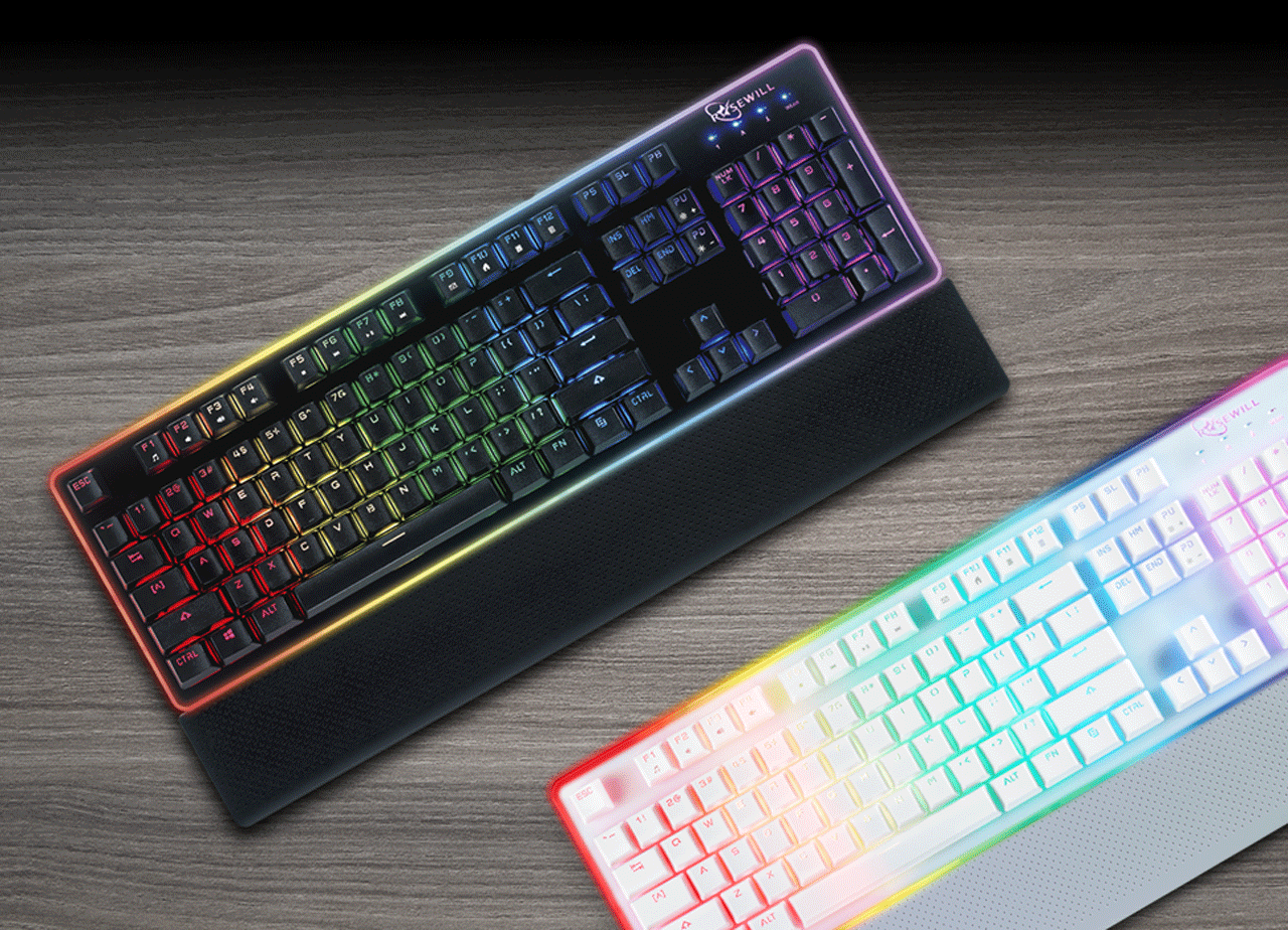 Two ROSEWILL NEON K51 Hybrid Mechanical RGB Gaming Keyboards, One black and the other white