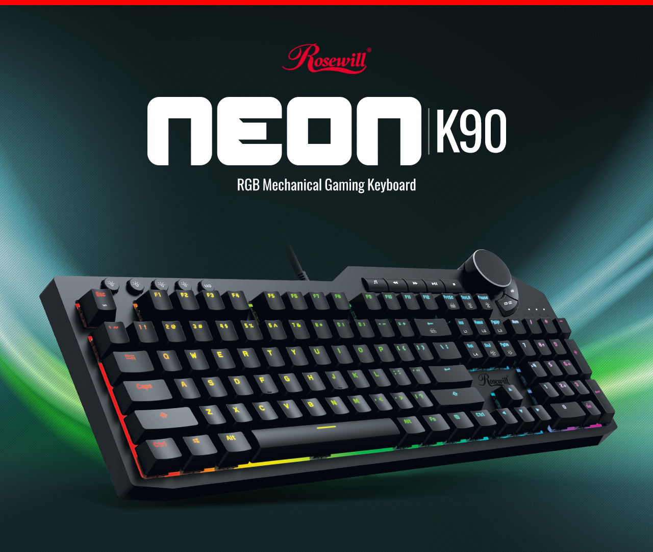 Rosewill NEON K90 RGB BR banner with the product facing up to the right along with text that reads: RGB Mechanical Gaming Keyboard