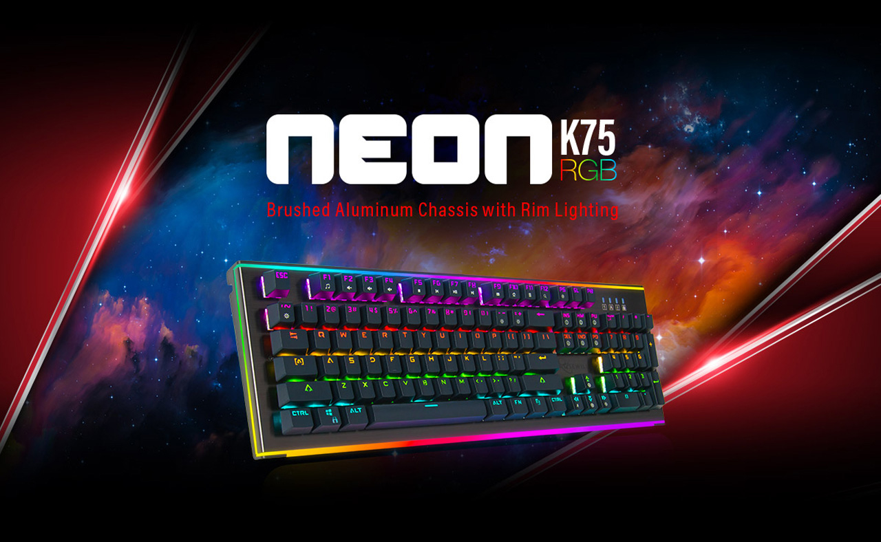 Rosewill NEON K75 V2 Keyboard Banner with text that reads Brushed Aluminum Chassis with Rim Lighting